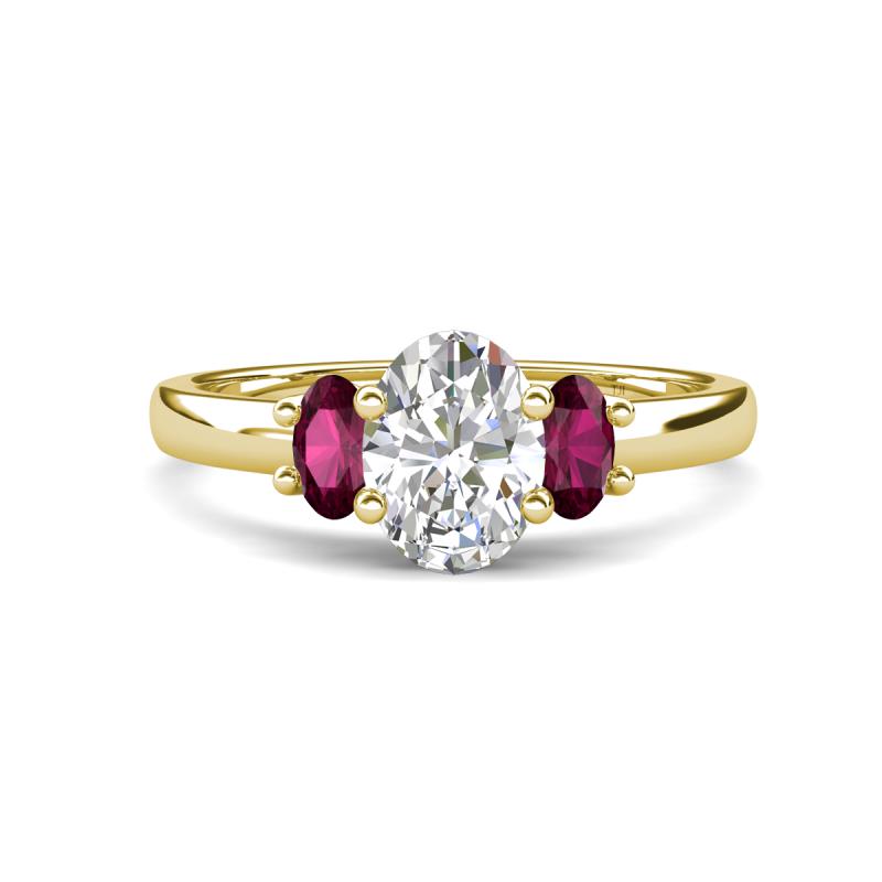 Gemma 8x6 mm Oval Cut GIA Certified Natural Diamond and Rhodolite Garnet Trellis Three Stone Engagement Ring 