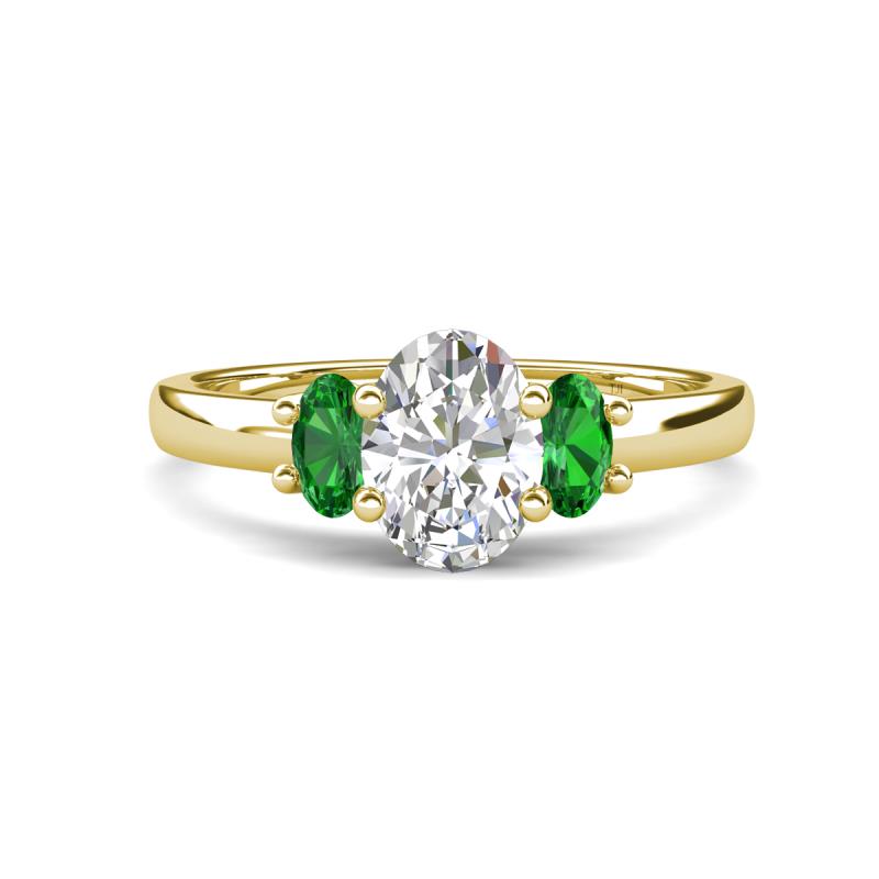 Gemma 8x6 mm Oval Cut GIA Certified Natural Diamond and Green Garnet Trellis Three Stone Engagement Ring 