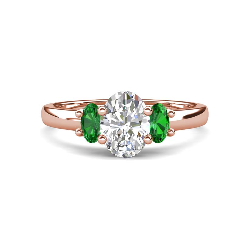 Gemma 8x6 mm Oval Cut GIA Certified Natural Diamond and Green Garnet Trellis Three Stone Engagement Ring 