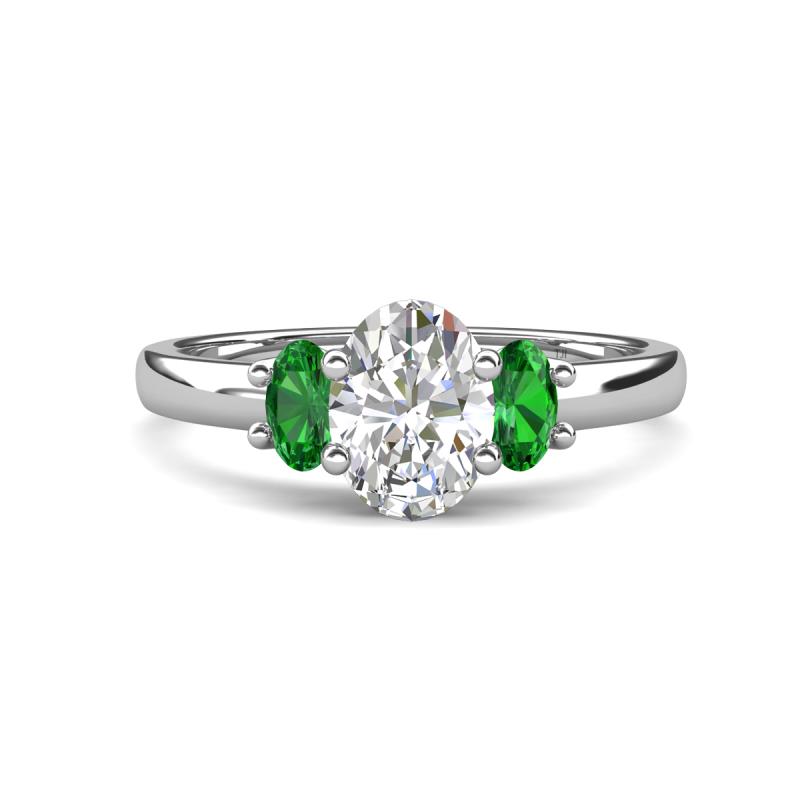 Gemma 8x6 mm Oval Cut GIA Certified Natural Diamond and Green Garnet Trellis Three Stone Engagement Ring 