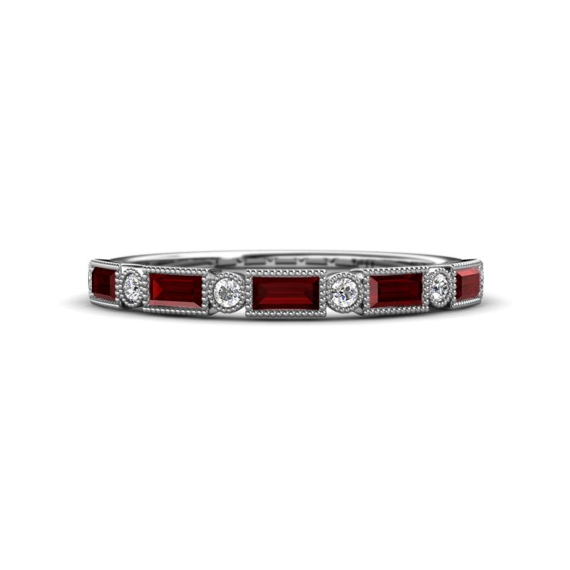 Kelli 1.02 ctw Baguette Shape Red Garnet and Round Lab Grown Diamond Milgrain Wedding Band 