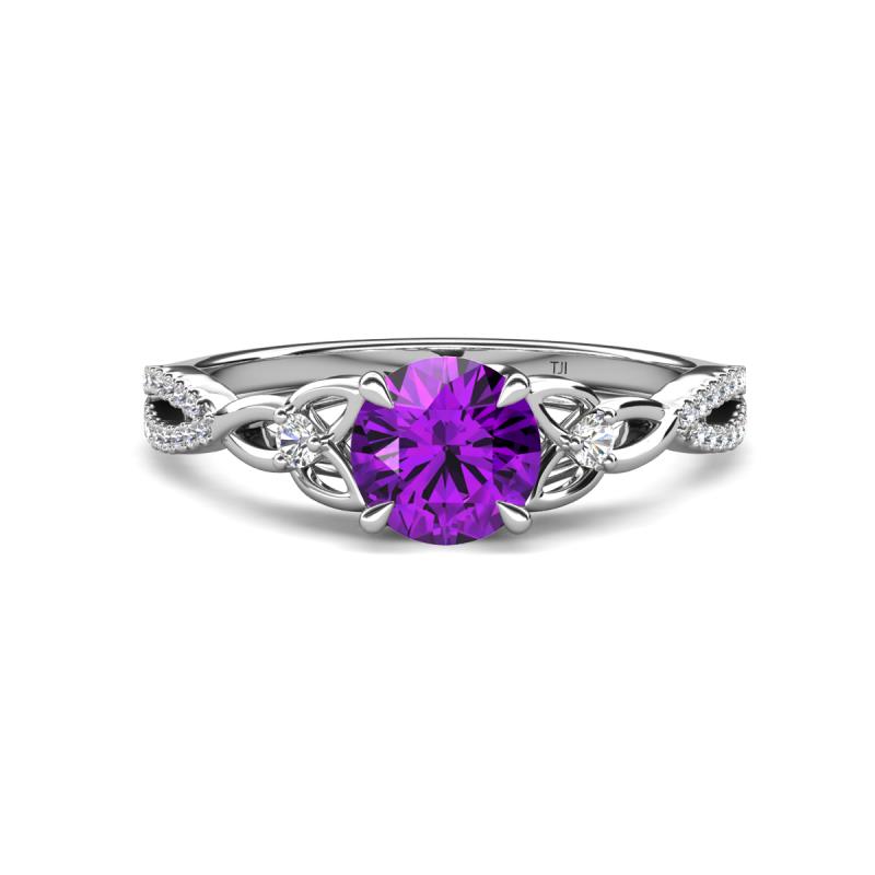 Benita 1.08 ctw (6.50 mm) Round Amethyst and Side Natural Diamond Celtic Love Knot Entwined Engagement Ring  