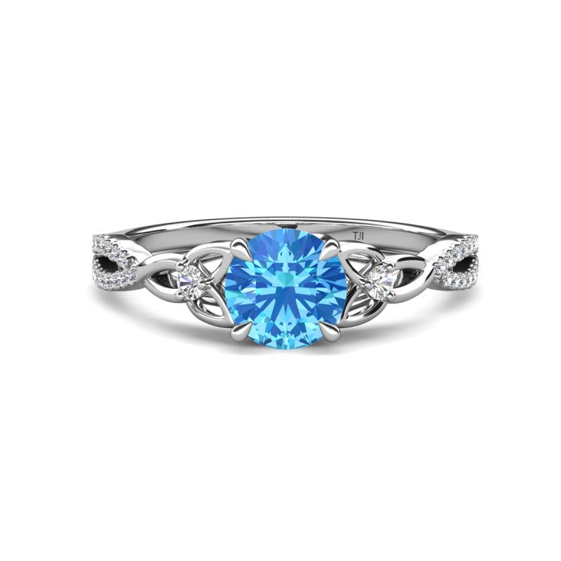 Benita 1.16 ctw (6.50 mm) Round Blue Topaz and Side Natural Diamond Celtic Love Knot Entwined Engagement Ring  