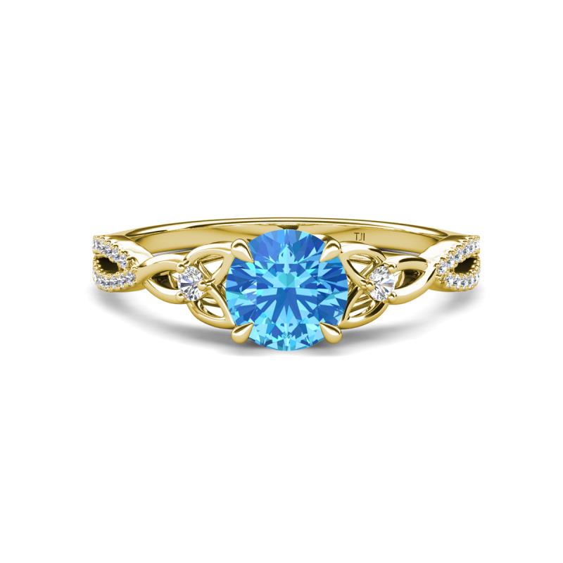 Benita 1.16 ctw (6.50 mm) Round Blue Topaz and Side Natural Diamond Celtic Love Knot Entwined Engagement Ring  