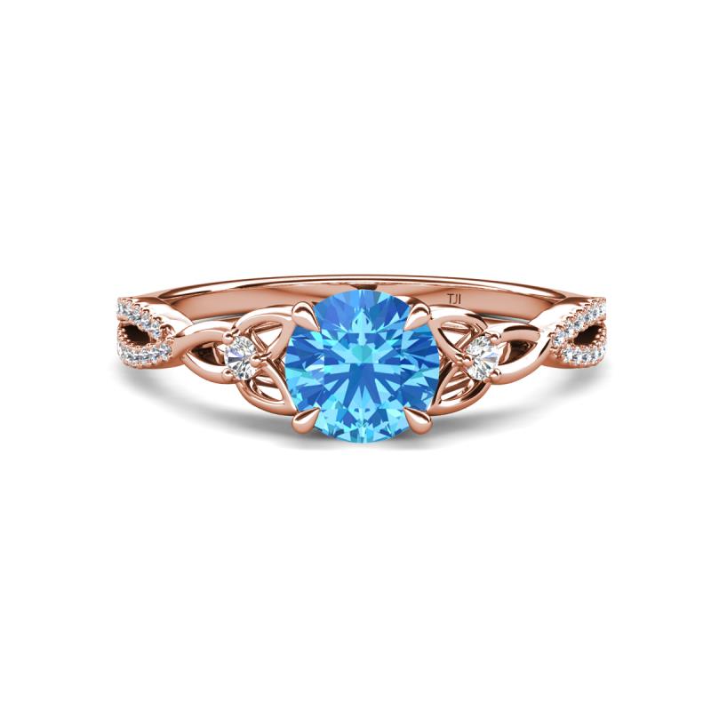 Benita 1.16 ctw (6.50 mm) Round Blue Topaz and Side Natural Diamond Celtic Love Knot Entwined Engagement Ring  