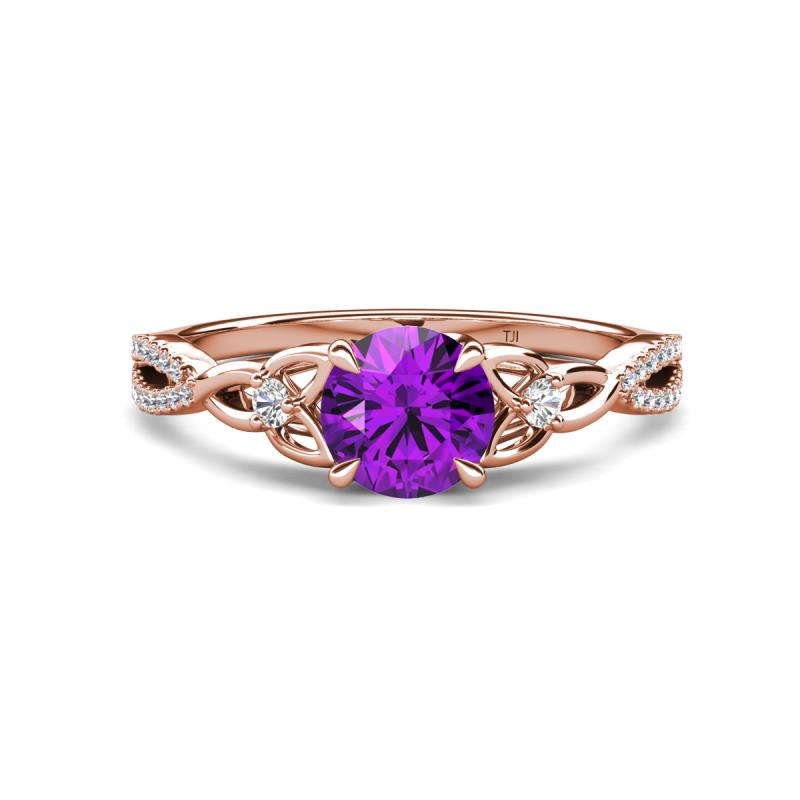 Benita 1.08 ctw (6.50 mm) Round Amethyst and Side Natural Diamond Celtic Love Knot Entwined Engagement Ring  