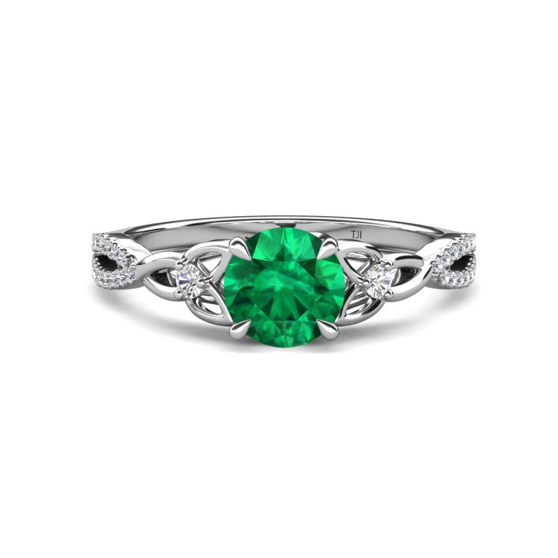 Benita 1.01 ctw (6.00 mm) Round Emerald and Side Natural Diamond Celtic Love Knot Entwined Engagement Ring  