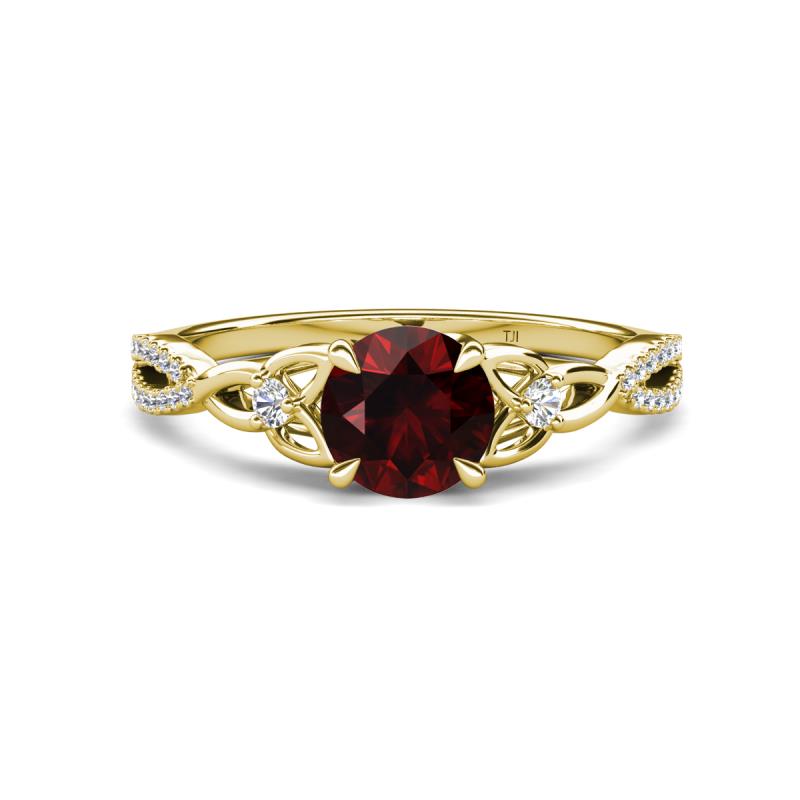 Benita 1.26 ctw (6.50 mm) Round Red Garnet and Side Natural Diamond Celtic Love Knot Entwined Engagement Ring  