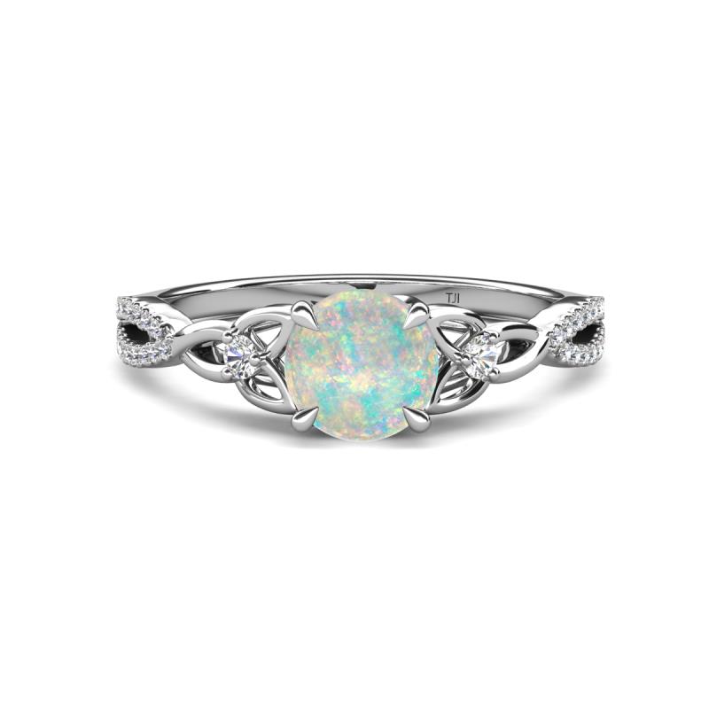 Benita 0.87 ctw (6.50 mm) Round Opal and Side Natural Diamond Celtic Love Knot Entwined Engagement Ring  