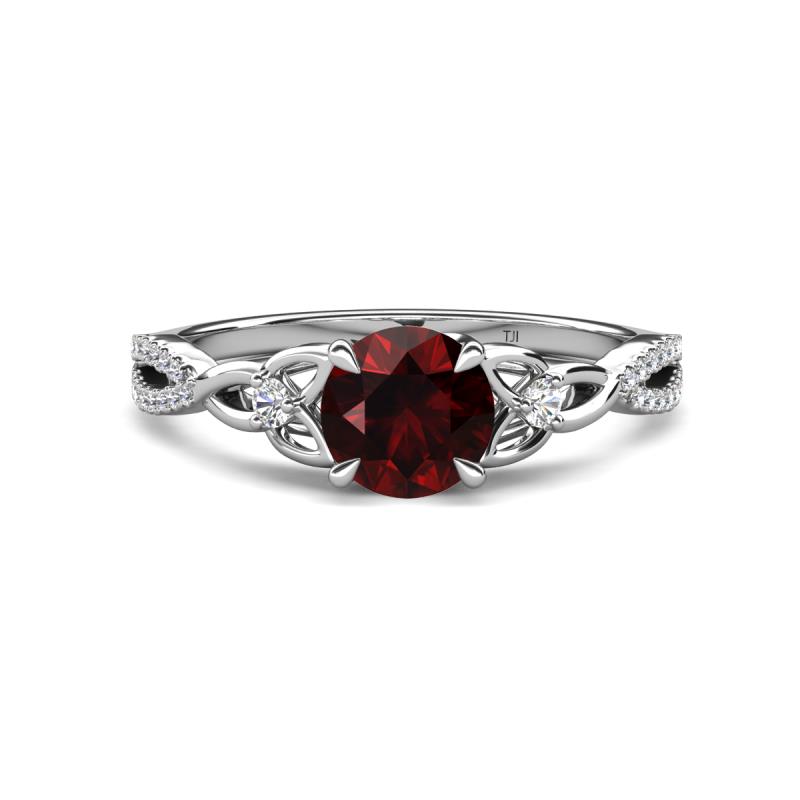 Benita 1.26 ctw (6.50 mm) Round Red Garnet and Side Natural Diamond Celtic Love Knot Entwined Engagement Ring  