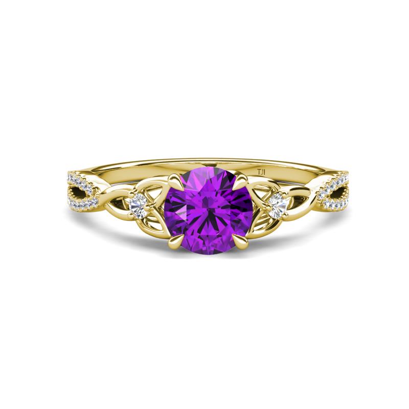 Benita 1.08 ctw (6.50 mm) Round Amethyst and Side Natural Diamond Celtic Love Knot Entwined Engagement Ring  