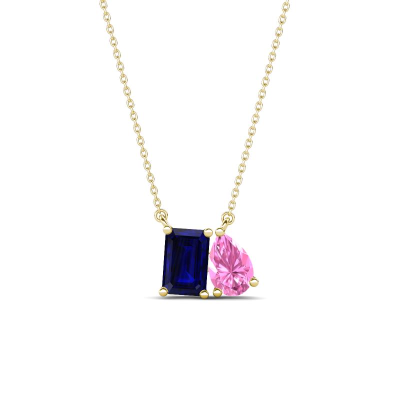 Arika 1.25 ctw Emerald Shape Created Blue Sapphire with Pear Shape Created Pink Sapphire Toi Et Moi Women Pendant Necklace 