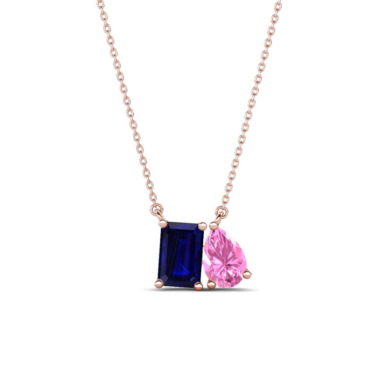 Arika 1.25 ctw Emerald Shape Created Blue Sapphire with Pear Shape Created Pink Sapphire Toi Et Moi Women Pendant Necklace 
