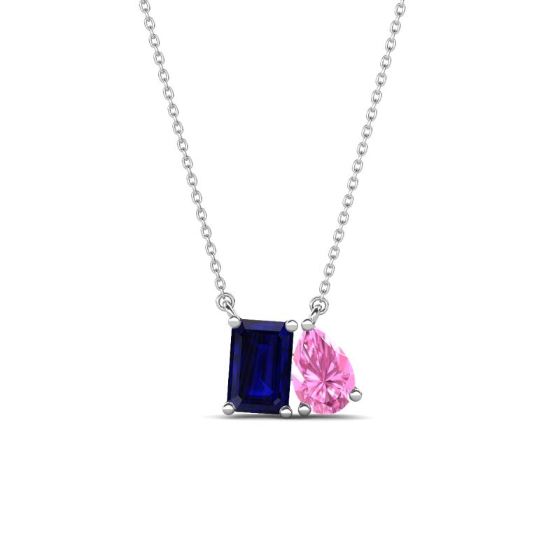 Arika 1.25 ctw Emerald Shape Created Blue Sapphire with Pear Shape Created Pink Sapphire Toi Et Moi Women Pendant Necklace 