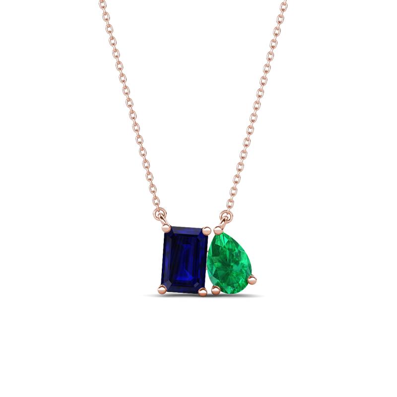 Arika 1.13 ctw Emerald Shape Created Blue Sapphire with Pear Shape Created Emerald Toi Et Moi Women Pendant Necklace 