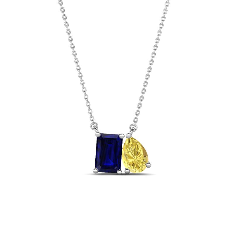 Arika 1.25 ctw Emerald Shape Created Blue Sapphire with Pear Shape Created Yellow Sapphire Toi Et Moi Women Pendant Necklace 