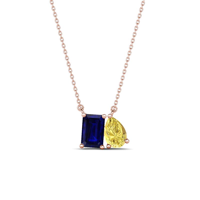 Arika 1.25 ctw Emerald Shape Created Blue Sapphire with Pear Shape Created Yellow Sapphire Toi Et Moi Women Pendant Necklace 