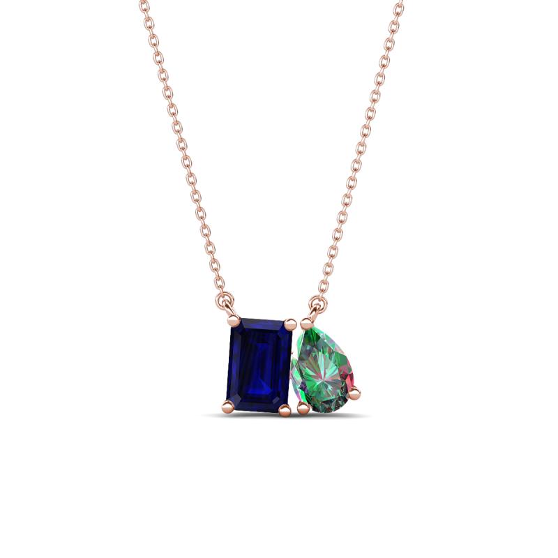 Arika 1.29 ctw Emerald Shape Created Blue Sapphire with Pear Shape Created Alexandrite Toi Et Moi Women Pendant Necklace 