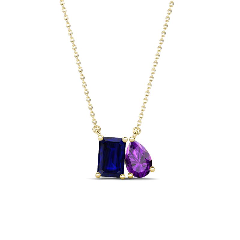 Arika 1.20 ctw Emerald Shape Created Blue Sapphire with Pear Shape Amethyst Toi Et Moi Women Pendant Necklace 