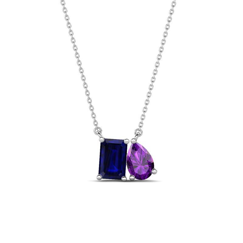 Arika 1.20 ctw Emerald Shape Created Blue Sapphire with Pear Shape Amethyst Toi Et Moi Women Pendant Necklace 