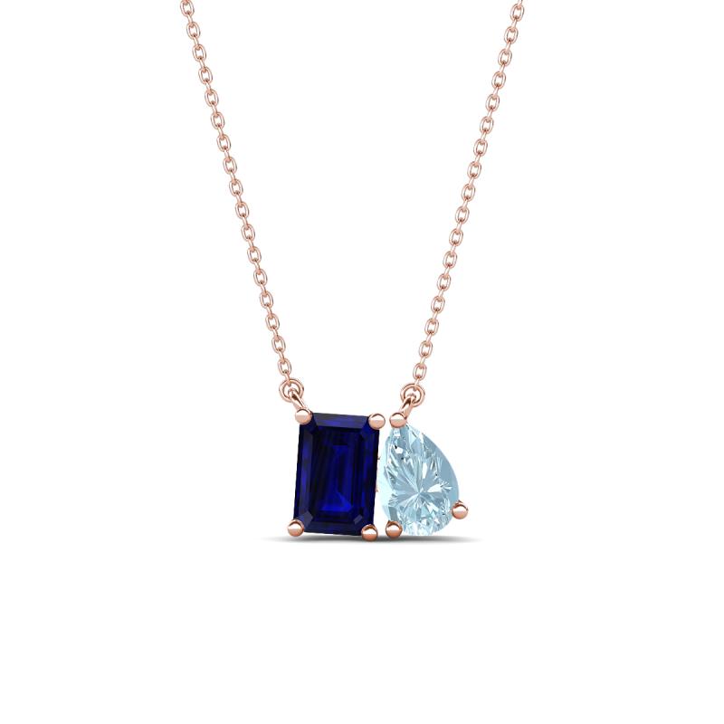 Arika 1.15 ctw Emerald Shape Created Blue Sapphire with Pear Shape Aquamarine Toi Et Moi Women Pendant Necklace 