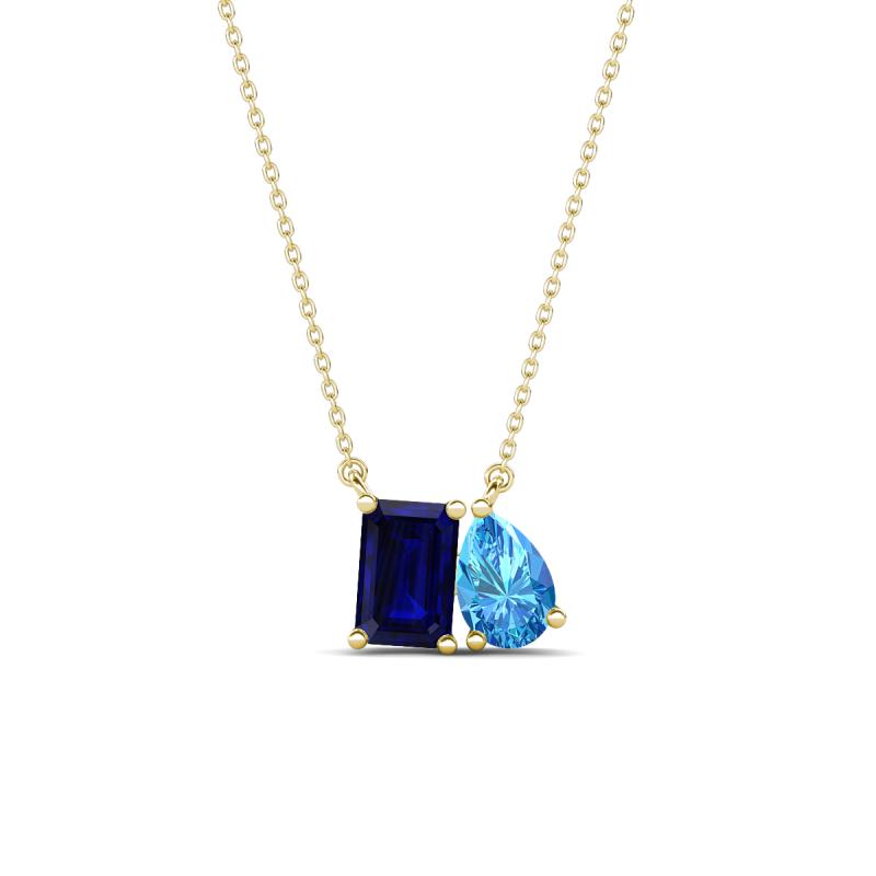 Arika 1.30 ctw Emerald Shape Created Blue Sapphire with Pear Shape Blue Topaz Toi Et Moi Women Pendant Necklace 