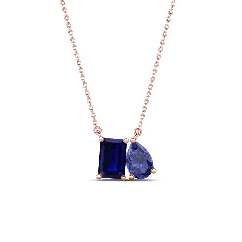 Arika 1.15 ctw Emerald Shape Created Blue Sapphire with Pear Shape Iolite Toi Et Moi Women Pendant Necklace 