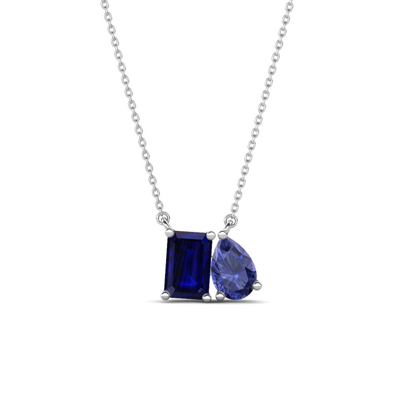 Arika 1.15 ctw Emerald Shape Created Blue Sapphire with Pear Shape Iolite Toi Et Moi Women Pendant Necklace 