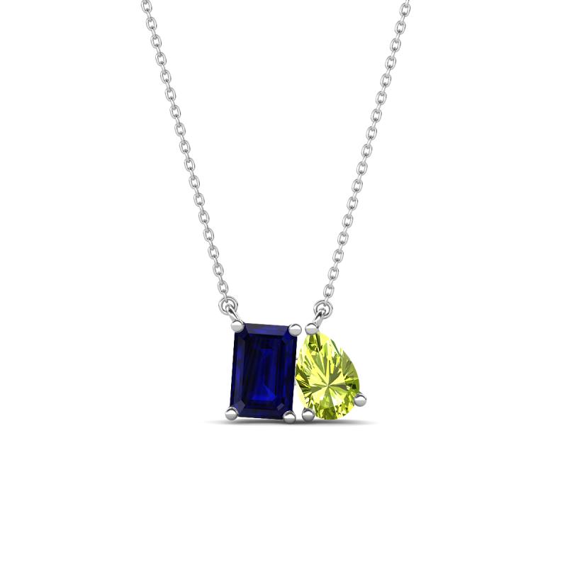 Arika 1.30 ctw Emerald Shape Created Blue Sapphire with Pear Shape Peridot Toi Et Moi Women Pendant Necklace 
