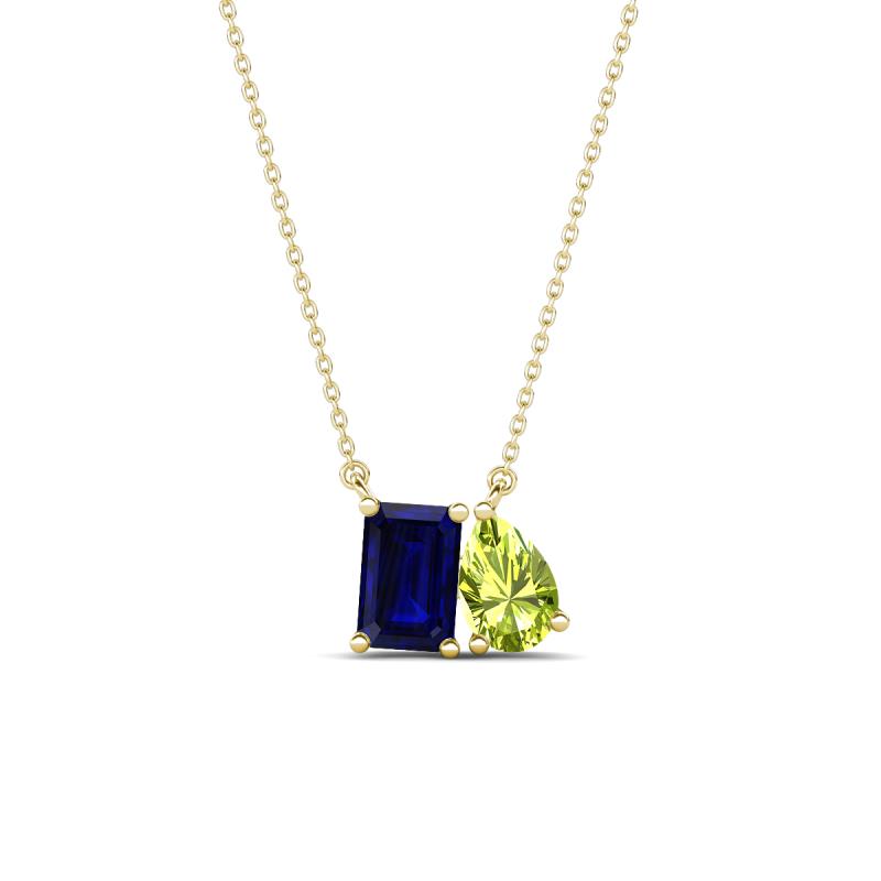 Arika 1.30 ctw Emerald Shape Created Blue Sapphire with Pear Shape Peridot Toi Et Moi Women Pendant Necklace 