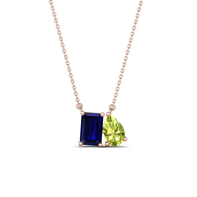 Arika 1.30 ctw Emerald Shape Created Blue Sapphire with Pear Shape Peridot Toi Et Moi Women Pendant Necklace 