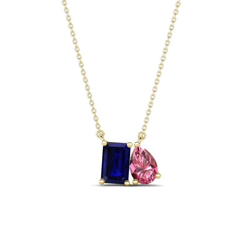 Arika 1.25 ctw Emerald Shape Created Blue Sapphire with Pear Shape Pink Tourmaline Toi Et Moi Women Pendant Necklace 