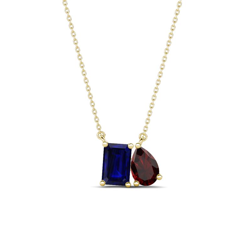 Arika 1.35 ctw Emerald Shape Created Blue Sapphire with Pear Shape Red Garnet Toi Et Moi Women Pendant Necklace 