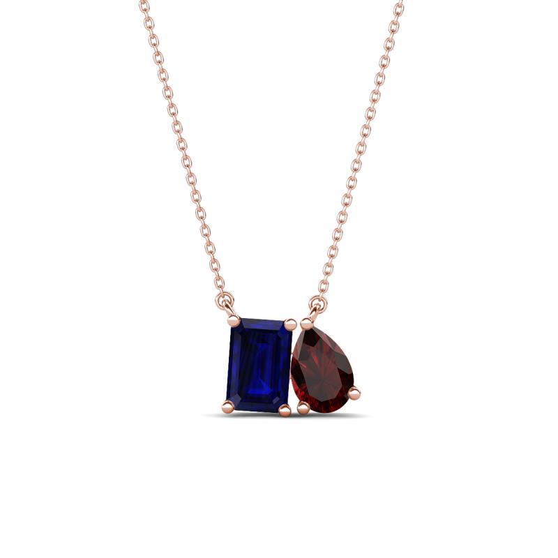 Arika 1.35 ctw Emerald Shape Created Blue Sapphire with Pear Shape Red Garnet Toi Et Moi Women Pendant Necklace 