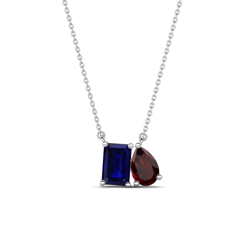 Arika 1.35 ctw Emerald Shape Created Blue Sapphire with Pear Shape Red Garnet Toi Et Moi Women Pendant Necklace 