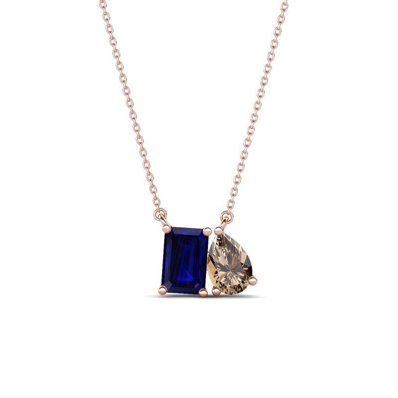 Arika 1.15 ctw Emerald Shape Created Blue Sapphire with Pear Shape Smoky Quartz Toi Et Moi Women Pendant Necklace 