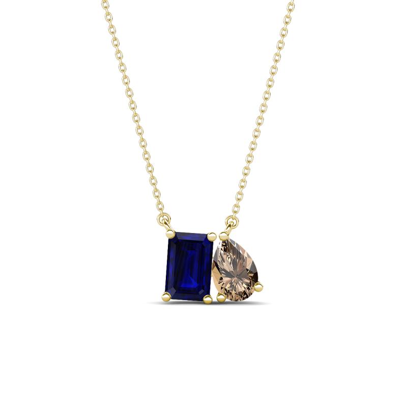 Arika 1.15 ctw Emerald Shape Created Blue Sapphire with Pear Shape Smoky Quartz Toi Et Moi Women Pendant Necklace 