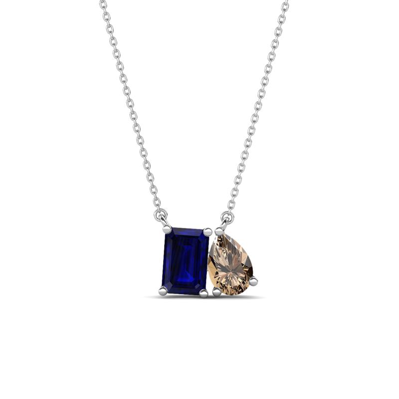 Arika 1.15 ctw Emerald Shape Created Blue Sapphire with Pear Shape Smoky Quartz Toi Et Moi Women Pendant Necklace 