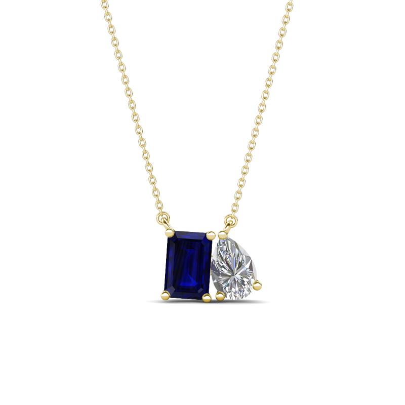 Arika 1.20 ctw Emerald Shape Created Blue Sapphire with Pear Shape Lab Grown Diamond Toi Et Moi Women Pendant Necklace 