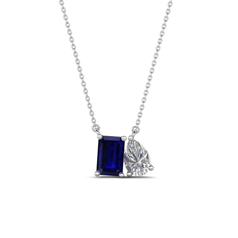 Arika 1.20 ctw Emerald Shape Created Blue Sapphire with Pear Shape Lab Grown Diamond Toi Et Moi Women Pendant Necklace 