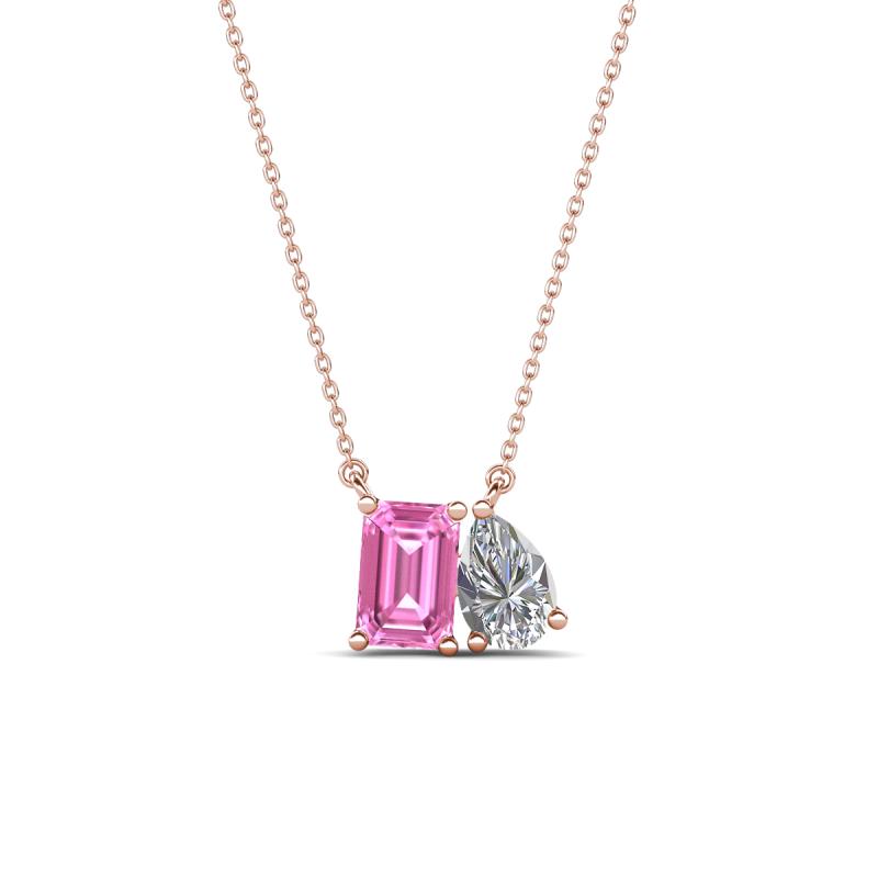 Arika 1.21 ctw Emerald Shape Created Pink Sapphire with Pear Shape Lab Grown Diamond Toi Et Moi Women Pendant Necklace 
