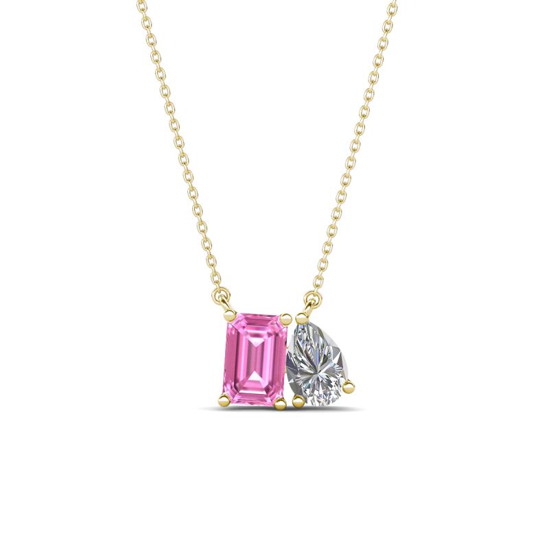 Arika 1.21 ctw Emerald Shape Created Pink Sapphire with Pear Shape Lab Grown Diamond Toi Et Moi Women Pendant Necklace 