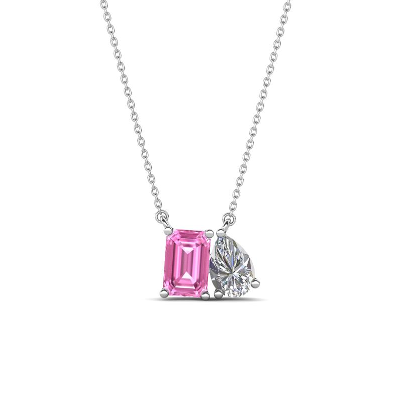 Arika 1.21 ctw Emerald Shape Created Pink Sapphire with Pear Shape Lab Grown Diamond Toi Et Moi Women Pendant Necklace 