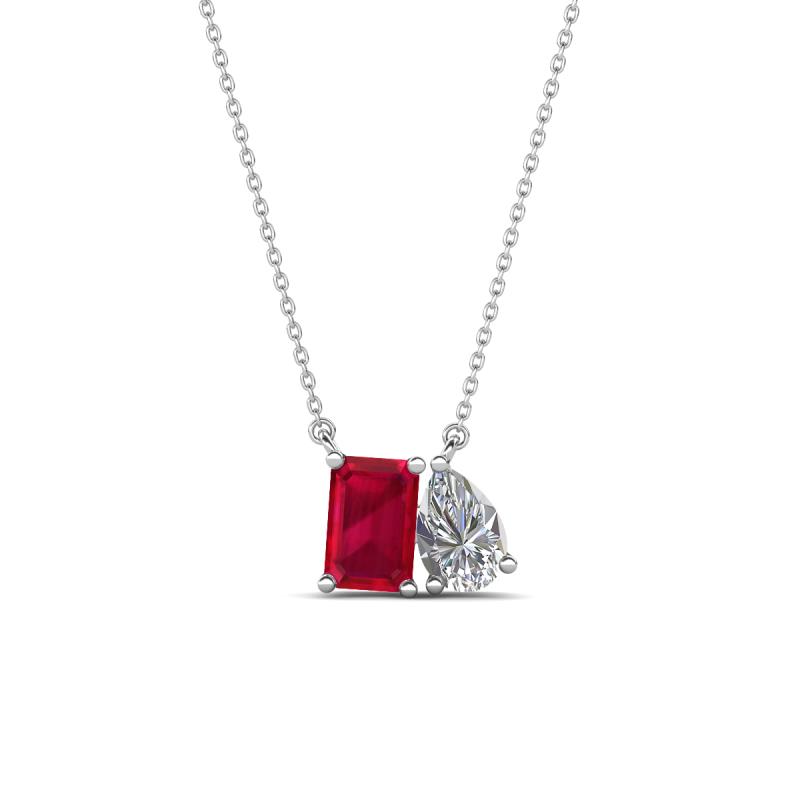 Arika 1.21 ctw Emerald Shape Created Ruby with Pear Shape Lab Grown Diamond Toi Et Moi Women Pendant Necklace 