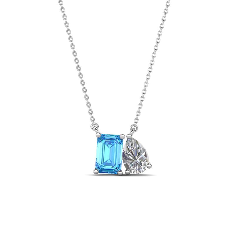 Arika 1.10 ctw Emerald Shape Blue Topaz with Pear Shape Lab Grown Diamond Toi Et Moi Women Pendant Necklace 