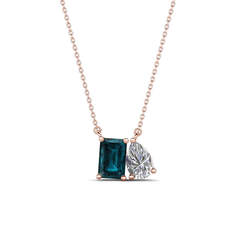 Arika 1.10 ctw Emerald Shape London Blue Topaz with Pear Shape Lab Grown Diamond Toi Et Moi Women Pendant Necklace 