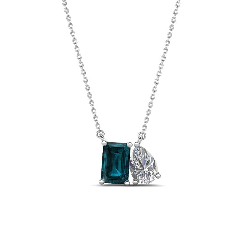 Arika 1.10 ctw Emerald Shape London Blue Topaz with Pear Shape Lab Grown Diamond Toi Et Moi Women Pendant Necklace 