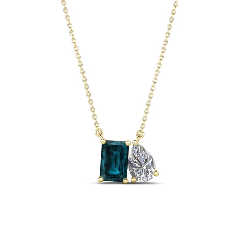 Arika 1.10 ctw Emerald Shape London Blue Topaz with Pear Shape Lab Grown Diamond Toi Et Moi Women Pendant Necklace 