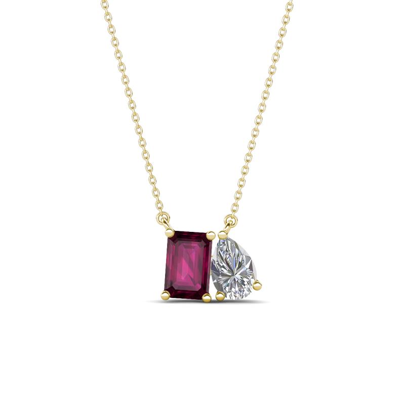 Arika 1.15 ctw Emerald Shape Rhodolite Garnet with Pear Shape Lab Grown Diamond Toi Et Moi Women Pendant Necklace 