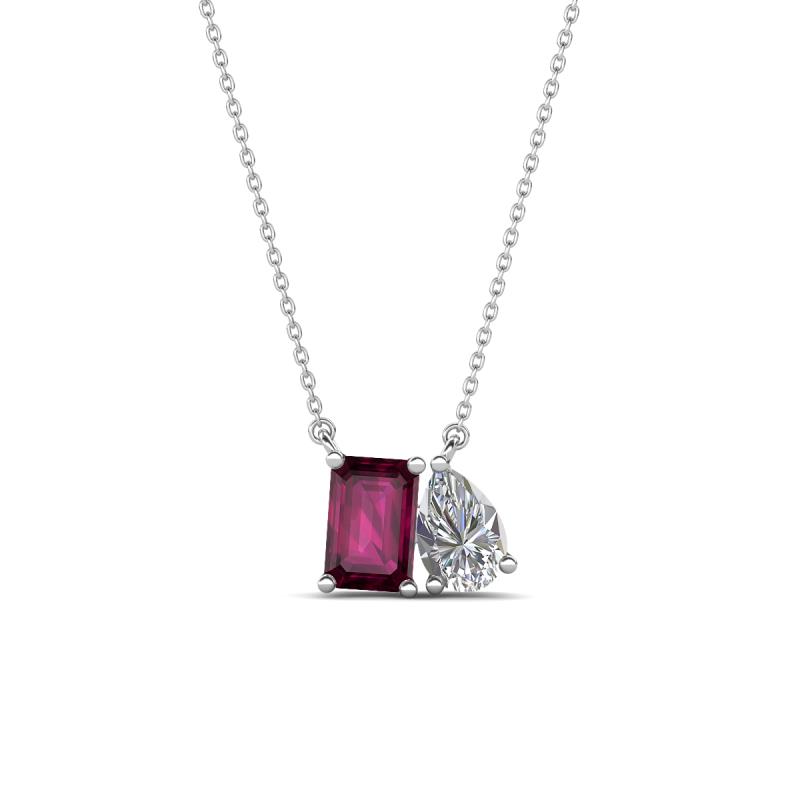 Arika 1.15 ctw Emerald Shape Rhodolite Garnet with Pear Shape Lab Grown Diamond Toi Et Moi Women Pendant Necklace 